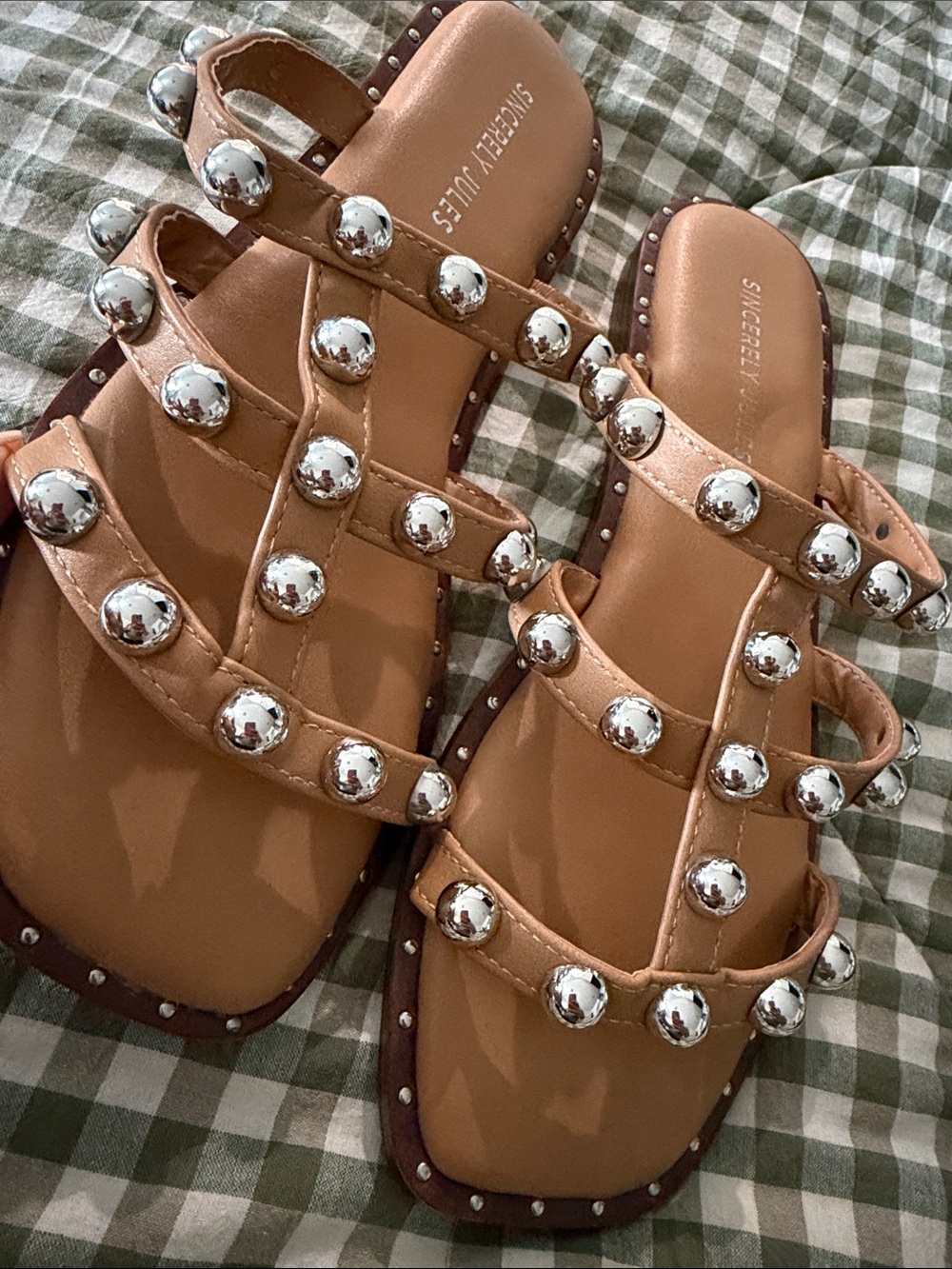 Sincerly Jules Tan Leather Studded Slide Sandals